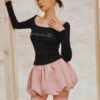 Black Long-Sleeve Top & Puffy Pink Skirt Set “Elegant Charm” EC1309