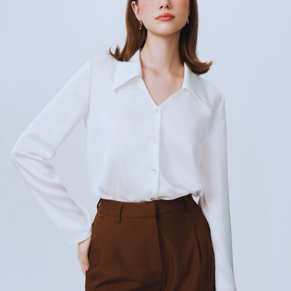 White Collared Long-Sleeve Blouse & Brown Pleated Wide-Leg Pants Set “Timeless Poise” TP3209