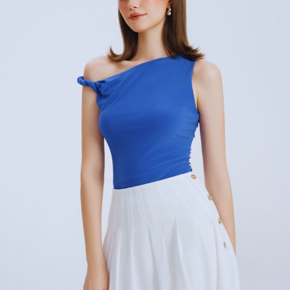 Vibrant Blue Asymmetrical One-Shoulder Crop Top & White Flared Midi Skirt Set “Graceful Knot” GK3109