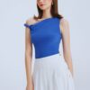 Vibrant Blue Asymmetrical One-Shoulder Crop Top & White Flared Midi Skirt Set “Graceful Knot” GK3109
