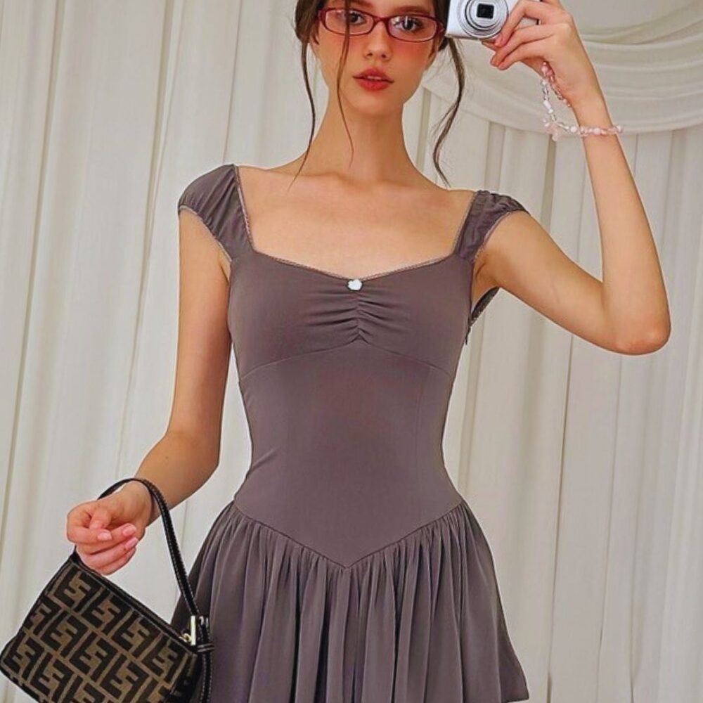Taupe Puff-Sleeve Mini Dress “Sophisticated Breeze” SB1410